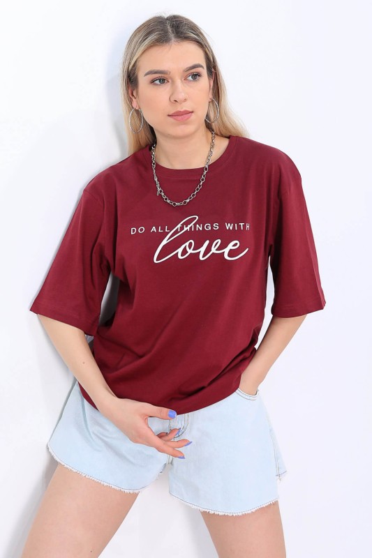 TSR-04164 Bordo Love Yazı Baskılı Salaş Tişört