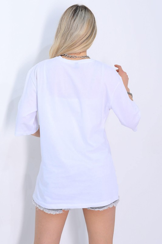 TSR-04165 Beyaz Yazı Nakışlı Kol Detay Salaş Tişört