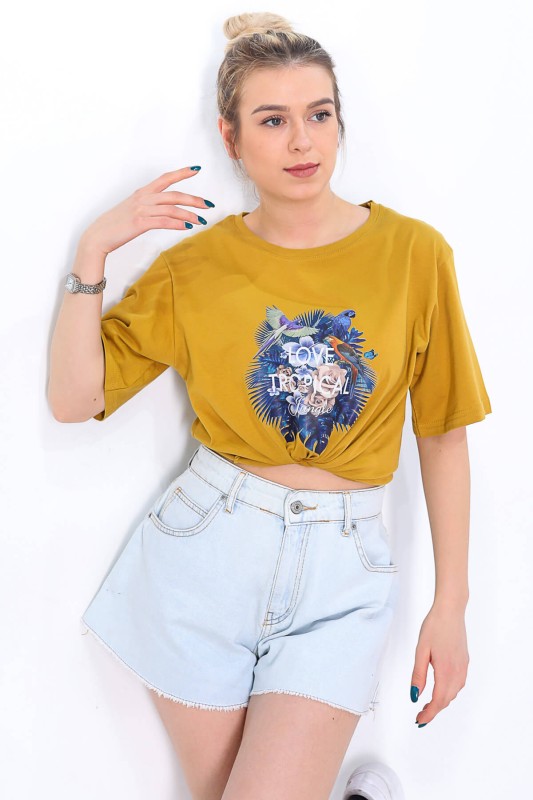 TSR-04169 Hardal Rengi Love Tropical Renkli Baskılı Salaş Tişört