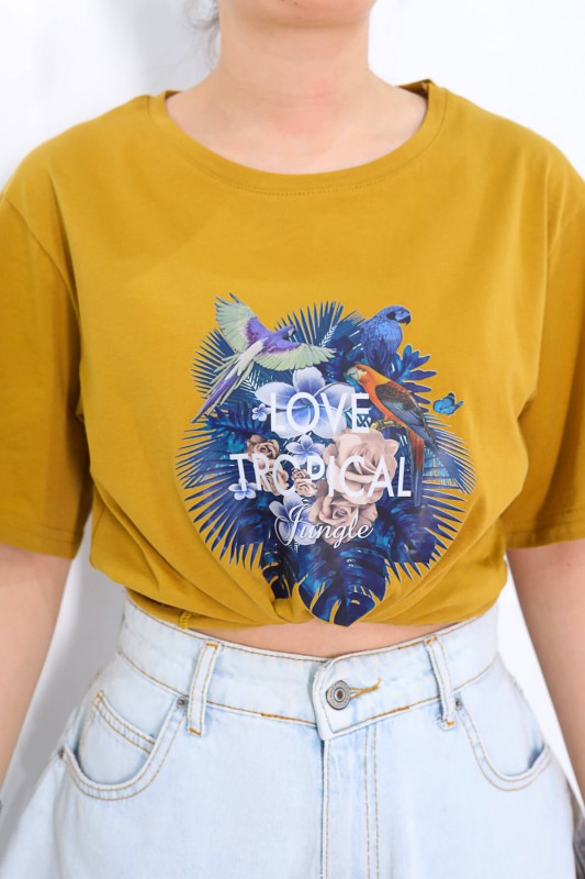 TSR-04169 Hardal Rengi Love Tropical Renkli Baskılı Salaş Tişört