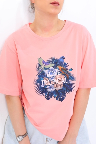 Cappmoda - TSR-04169 Pembe Love Tropical Renkli Baskılı Salaş Tişört (1)