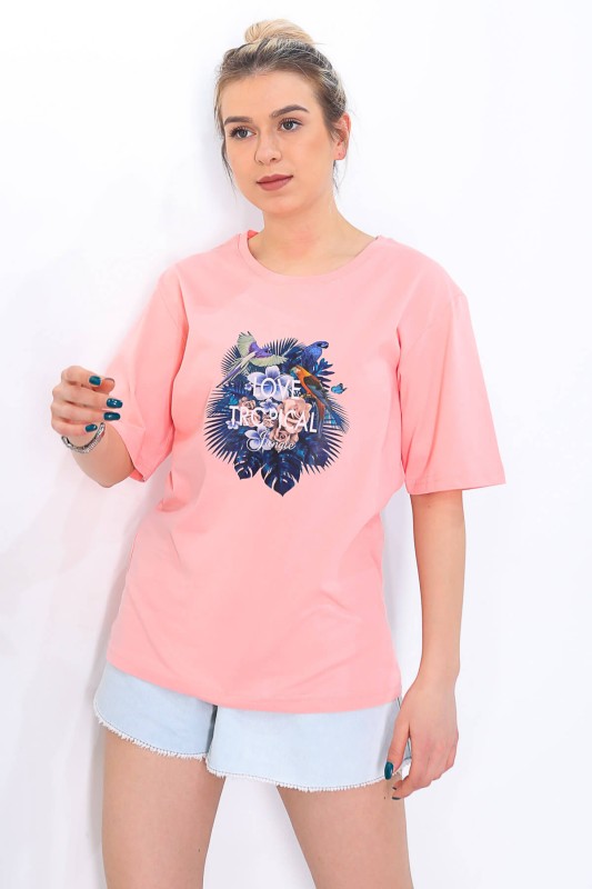 TSR-04169 Pembe Love Tropical Renkli Baskılı Salaş Tişört