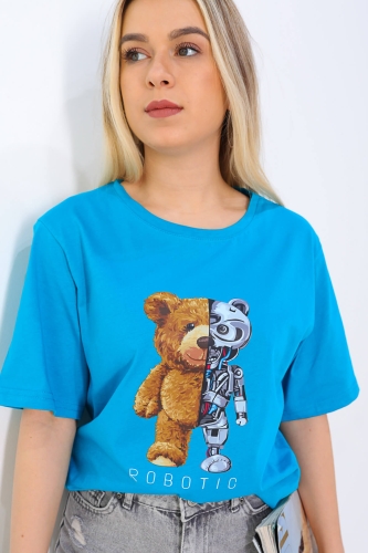 Cappmoda - TSR-04170 Mavi Robotic Bear Baskılı Salaş Tişört (1)