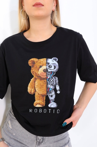 TSR-04170 Siyah Robotic Bear Baskılı Salaş Tişört - Thumbnail