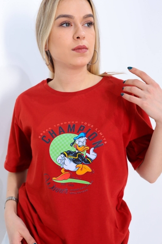 TSR-04173 Bordo Donald Duck Baskılı Salaş Tişört - Thumbnail