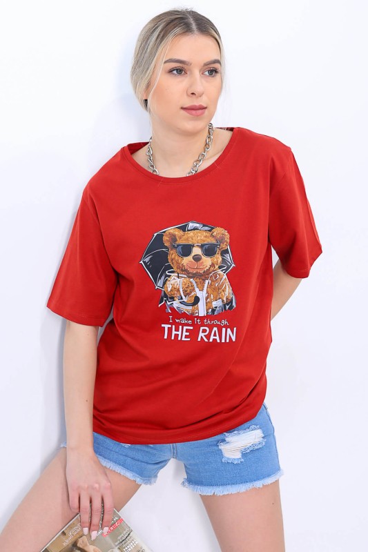 TSR-04174 Kırmızı The Rain Bear Baskılı Salaş Tişört