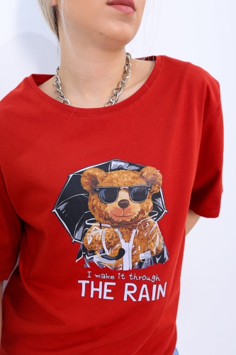 TSR-04174 Kırmızı The Rain Bear Baskılı Salaş Tişört - Thumbnail