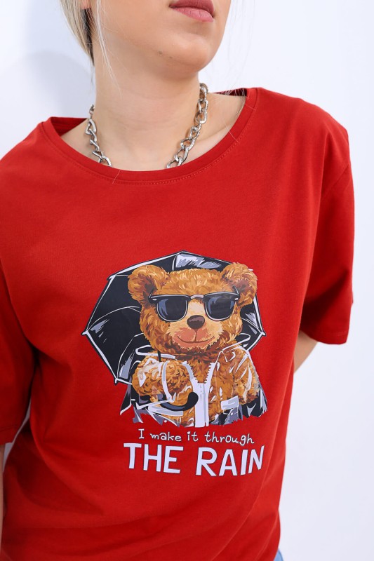 TSR-04174 Kırmızı The Rain Bear Baskılı Salaş Tişört