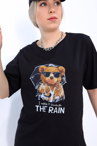 Cappmoda - TSR-04174 Siyah The Rain Bear Baskılı Salaş Tişört (1)