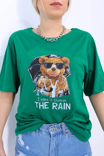 TSR-04174 Yeşil The Rain Bear Baskılı Salaş Tişört - Thumbnail