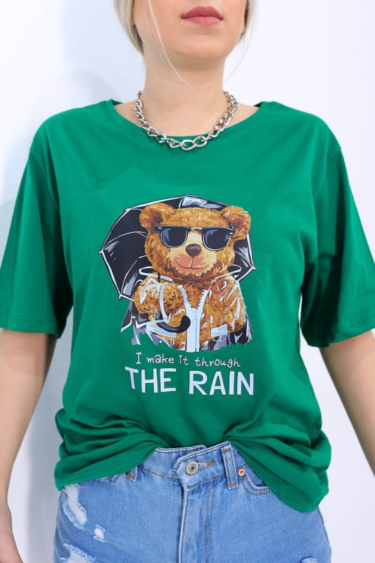 TSR-04174 Yeşil The Rain Bear Baskılı Salaş Tişört
