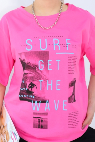TSR-04185 Pembe Surf Get The Wave Baskılı Salaş Tişört - Thumbnail