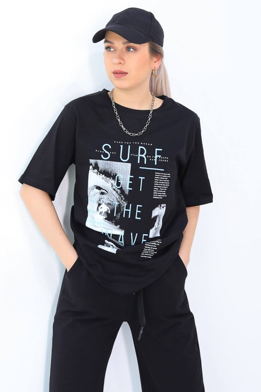 TSR-04185 Siyah Surf Get The Wave Baskılı Salaş Tişört