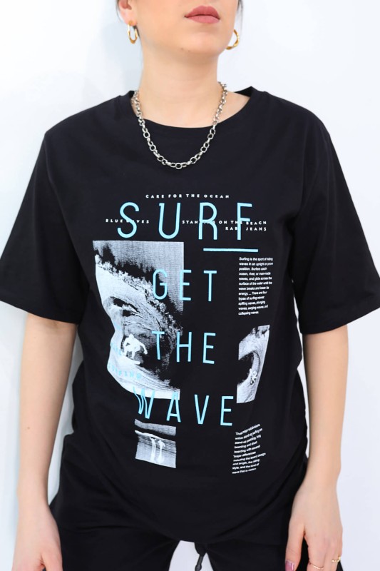 TSR-04185 Siyah Surf Get The Wave Baskılı Salaş Tişört