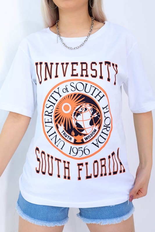 TSR-04186 Beyaz University Logo Baskılı Salaş Tişört