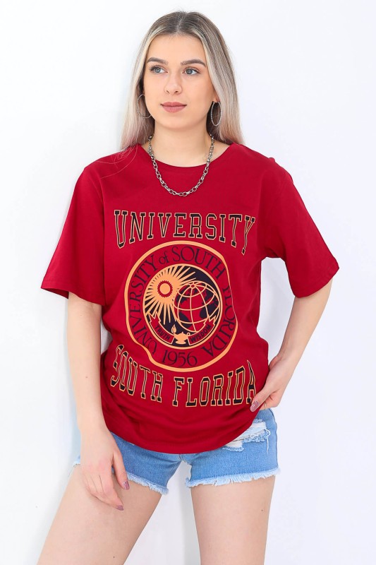 TSR-04186 Kırmızı University Logo Baskılı Salaş Tişört