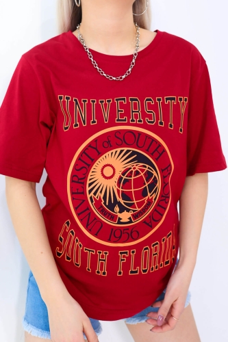 Cappmoda - TSR-04186 Kırmızı University Logo Baskılı Salaş Tişört (1)