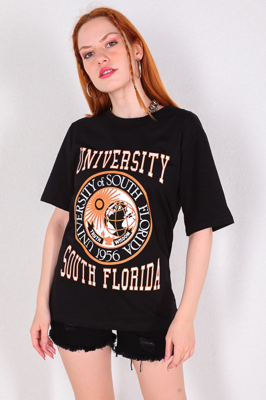 TSR-04186 Siyah University Logo Baskılı Salaş Tişört