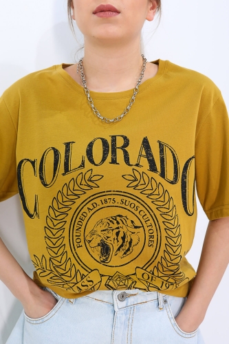 Cappmoda - TSR-04188 Hardal Rengi Colorado Baskılı Salaş Tişört (1)
