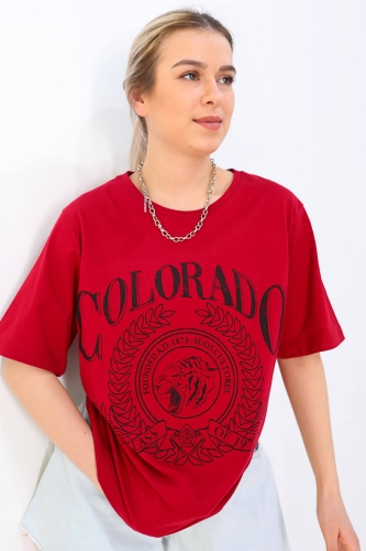 TSR-04188 Kırmızı Colorado Baskılı Salaş Tişört - Thumbnail
