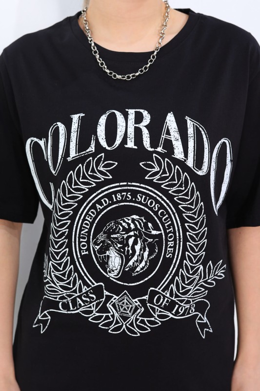 TSR-04188 Siyah Colorado Baskılı Salaş Tişört