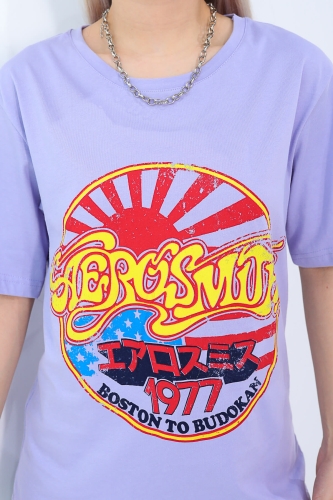 Cappmoda - TSR-04189 Lila Aerosmith Baskılı Salaş Tişört (1)