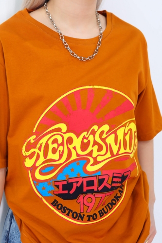 Cappmoda - TSR-04189 Turuncu Aerosmith Baskılı Salaş Tişört (1)