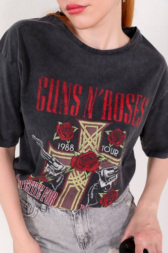 TSR-04199 Füme Guns N' Roses Baskılı Yıkama Kumaş Salaş Tişört - Thumbnail