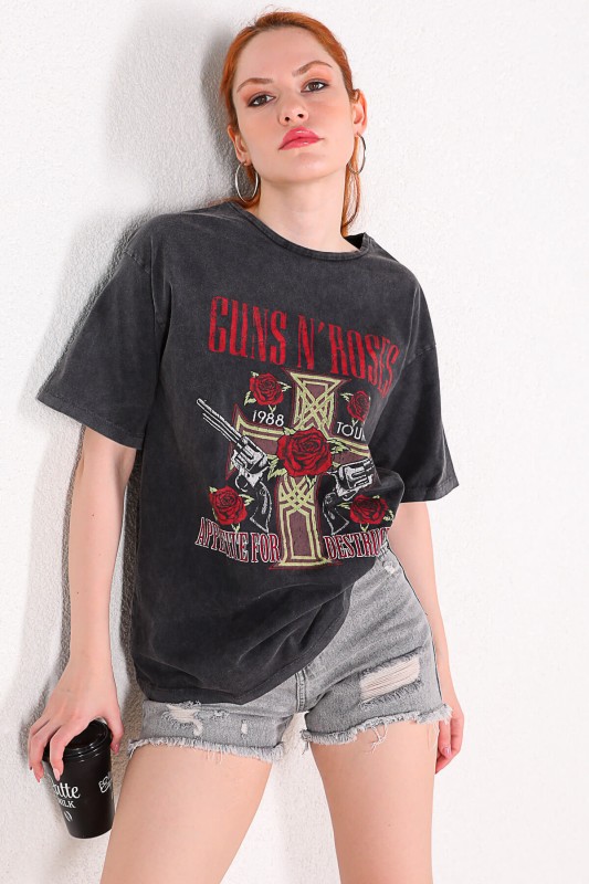 TSR-04199 Füme Guns N' Roses Baskılı Yıkama Kumaş Salaş Tişört