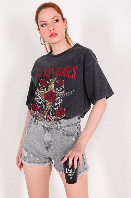 TSR-04199 Füme Guns N' Roses Baskılı Yıkama Kumaş Salaş Tişört
