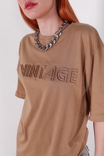 Cappmoda - TSR-04213 Vizon Vintage Kabartma Baskılı Salaş Tişört (1)