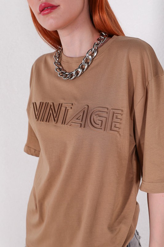 TSR-04213 Vizon Vintage Kabartma Baskılı Salaş Tişört