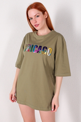 TSR-04214 Haki Chicago Kabartma Renkli Baskılı Salaş Tişört - Thumbnail