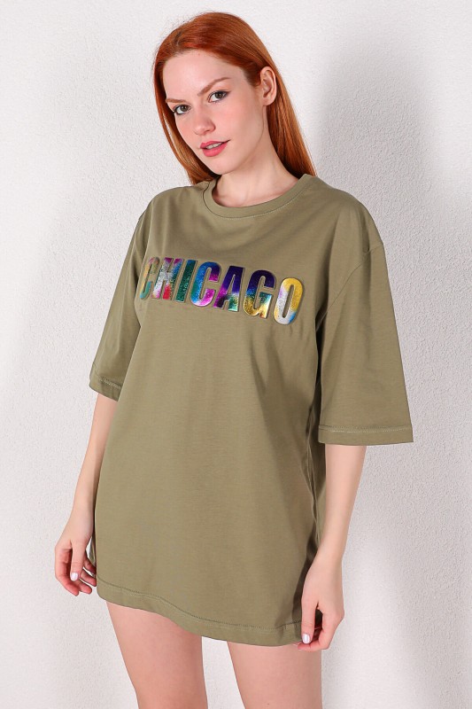 TSR-04214 Haki Chicago Kabartma Renkli Baskılı Salaş Tişört
