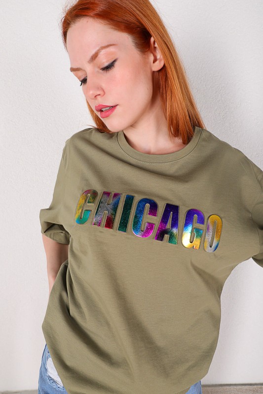 TSR-04214 Haki Chicago Kabartma Renkli Baskılı Salaş Tişört