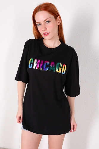 TSR-04214 Siyah Chicago Kabartma Renkli Baskılı Salaş Tişört - Thumbnail