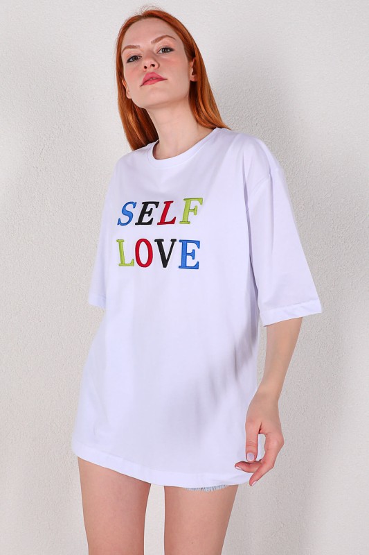 TSR-04215 Beyaz Self Love Nakışlı Salaş Tişört