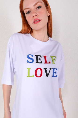 TSR-04215 Beyaz Self Love Nakışlı Salaş Tişört - Thumbnail