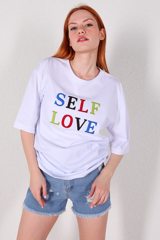 TSR-04215 Beyaz Self Love Nakışlı Salaş Tişört