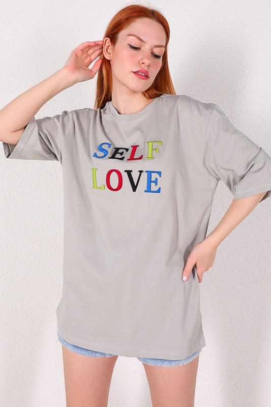 TSR-04215 Boyama Gri Self Love Nakışlı Salaş Tişört
