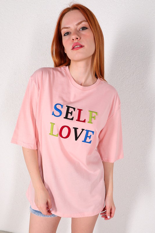 TSR-04215 Pudra Self Love Nakışlı Salaş Tişört