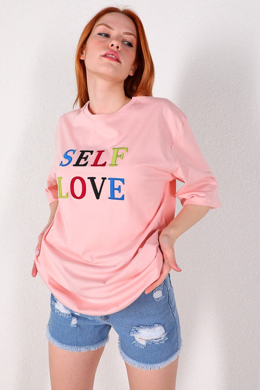 TSR-04215 Pudra Self Love Nakışlı Salaş Tişört