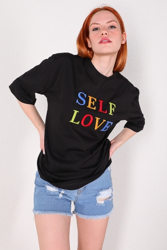TSR-04215 Siyah Self Love Nakışlı Salaş Tişört - Thumbnail