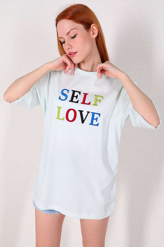 TSR-04215 Su Yeşili Self Love Nakışlı Salaş Tişört