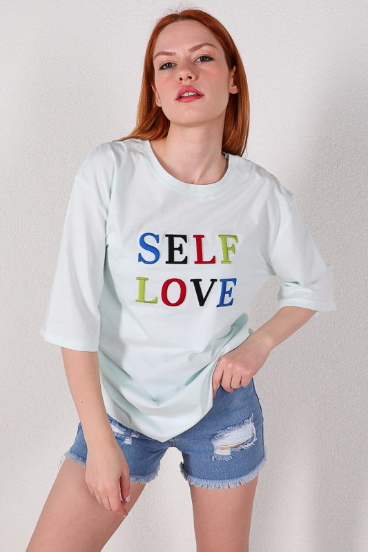 TSR-04215 Su Yeşili Self Love Nakışlı Salaş Tişört