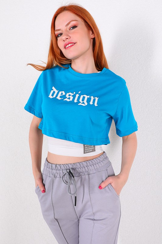TSR-04226 Mavi Desing Yazı Baskılı Bluzlu İkili Crop Tişört