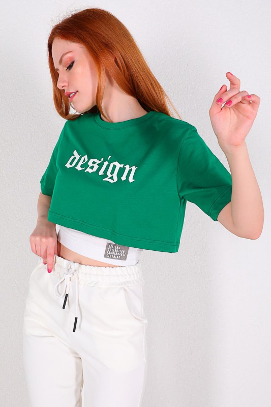 TSR-04226 Yeşil Desing Yazı Baskılı Bluzlu İkili Crop Tişört