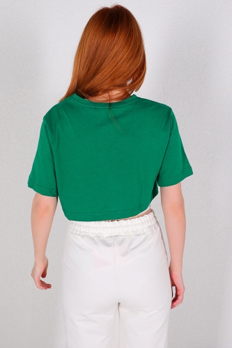 TSR-04226 Yeşil Desing Yazı Baskılı Bluzlu İkili Crop Tişört - Thumbnail