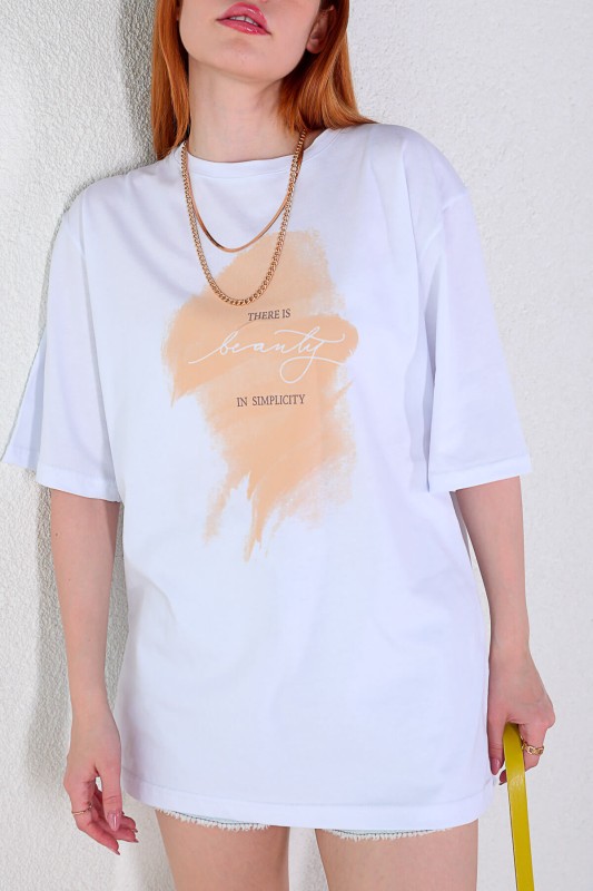 TSR-04234 Beyaz Beauty Yazı Baskılı Salaş Tişört