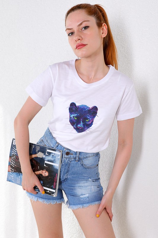 TSR-04238 Beyaz Kedi Baskılı Salaş Basic Tişört